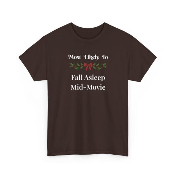 Unisex t-shirt from Twisted Angell with the sarcastic phrase “Most Likely To Fall Asleep Mid-Movie” printed on the front.