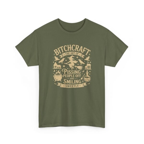 Unisex t-shirt from Twisted Angell with the sarcastic phrase “Bitchcraft, The Art Of Pissing. People Off And Smiling Sweetly” printed on the front.