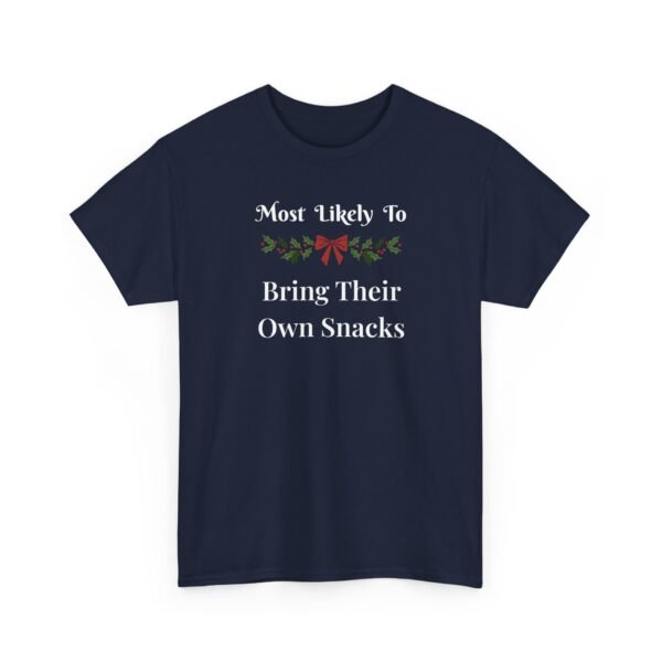 Unisex t-shirt from Twisted Angell with the sarcastic phrase “Most Likely To Bring Their Own Snacks” printed on the front.
