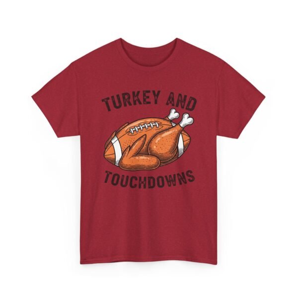 Unisex t-shirt from Twisted Angell with the sarcastic phrase “Turkey and Touchdowns” printed on the front.