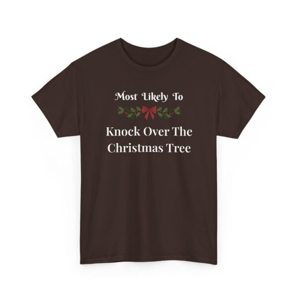 Unisex t-shirt from Twisted Angell with the sarcastic phrase “Most Likely To Knock Over The Christmas Tree” printed on the front.