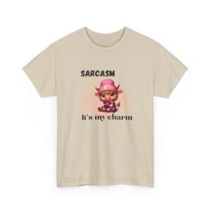 Unisex t-shirt from Twisted Angell with the sarcastic phrase “Sarcasm Is My Charm” printed on the front.