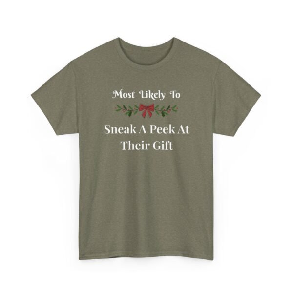 Unisex t-shirt from Twisted Angell with the sarcastic phrase “Most Likely To Sneak A Peek At Their Gift” printed on the front.