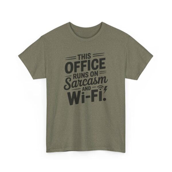 Unisex t-shirt from Twisted Angell with the sarcastic phrase “Sarcasm & Wi‑Fi Office” printed on the front.
