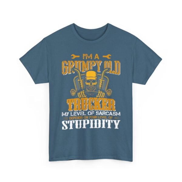 Unisex t-shirt from Twisted Angell with the sarcastic phrase “I'm A Grumpy Old Trucker, My Level Of Sarcasm Depends On Your Level Of Stupidity” printed on the front.