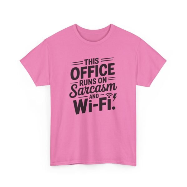 Unisex t-shirt from Twisted Angell with the sarcastic phrase “Sarcasm & Wi‑Fi Office” printed on the front.