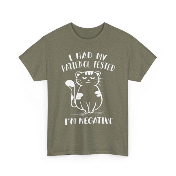 Unisex t-shirt from Twisted Angell with the sarcastic phrase “I Had My Patience Tested, I'm Negative” printed on the front.