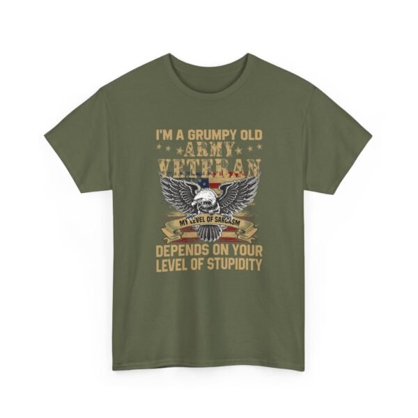 Unisex t-shirt from Twisted Angell with the sarcastic phrase “I'm A Grumpy Old Army Veteran, My Level Of Sarcasm Depends On Your Level Of Stupidity” printed on the front.