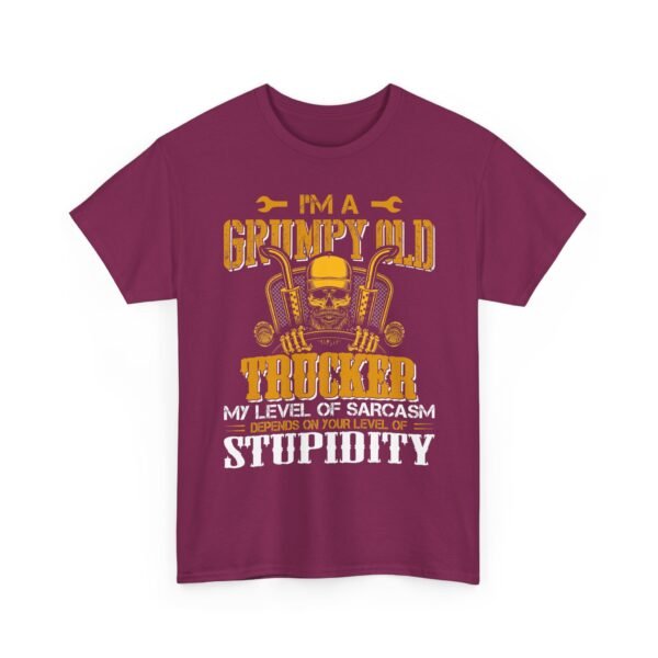Unisex t-shirt from Twisted Angell with the sarcastic phrase “I'm A Grumpy Old Trucker, My Level Of Sarcasm Depends On Your Level Of Stupidity” printed on the front.