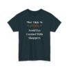 Unisex t-shirt from Twisted Angell with the sarcastic phrase “Most Likely To Avoid Eye Contact With Shoppers” printed on the front.
