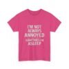 Unisex t-shirt from Twisted Angell with the sarcastic phrase “I'm Not Always Annoyed, Sometimes I'm Asleep” printed on the front.