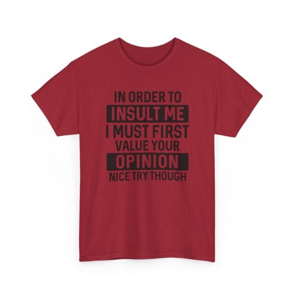 Unisex t-shirt from Twisted Angell with the sarcastic phrase “In Order To Insult Me I Must First Value Your Opinion, Nice Try Though” printed on the front.