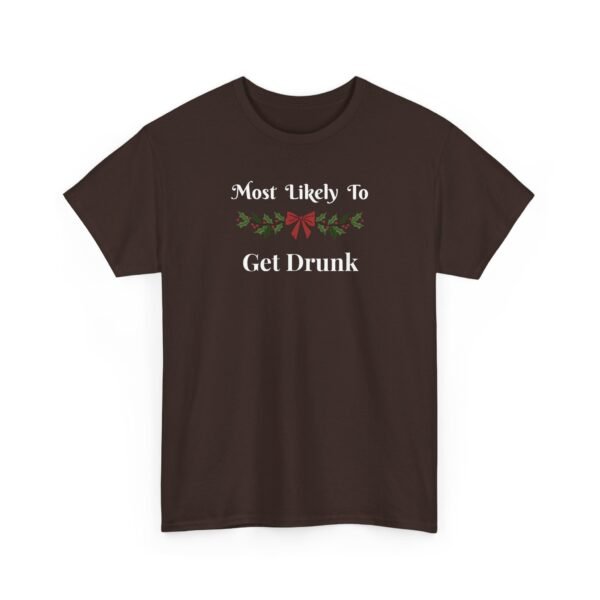 Unisex t-shirt from Twisted Angell with the sarcastic phrase “Most Likely To Get Drunk” printed on the front.