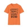 Unisex t-shirt from Twisted Angell with the sarcastic phrase “Coffee & Friends Make the Perfect Blend” printed on the front.