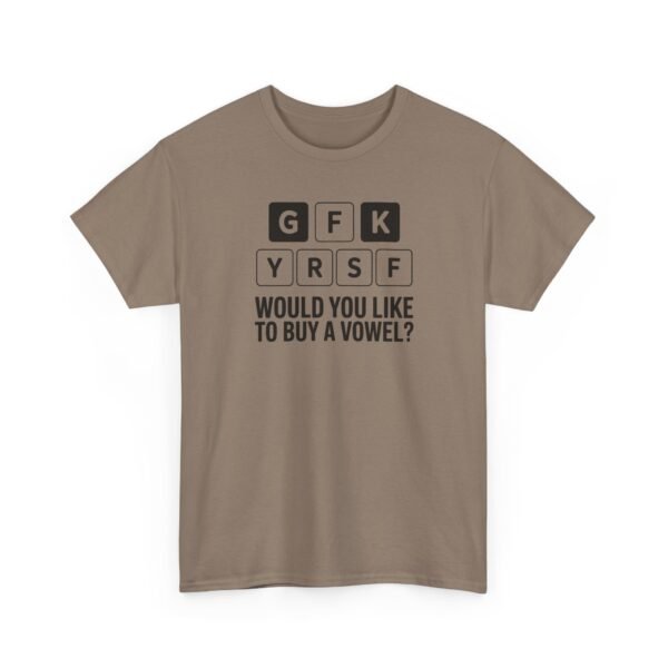 Unisex t-shirt from Twisted Angell with the sarcastic phrase “Would You Like to Buy a Vowel?” printed on the front.