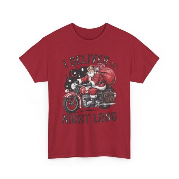 Unisex t-shirt from Twisted Angell with the sarcastic phrase “I Deliver All Night Long - Santa On Motorcycle” printed on the front.