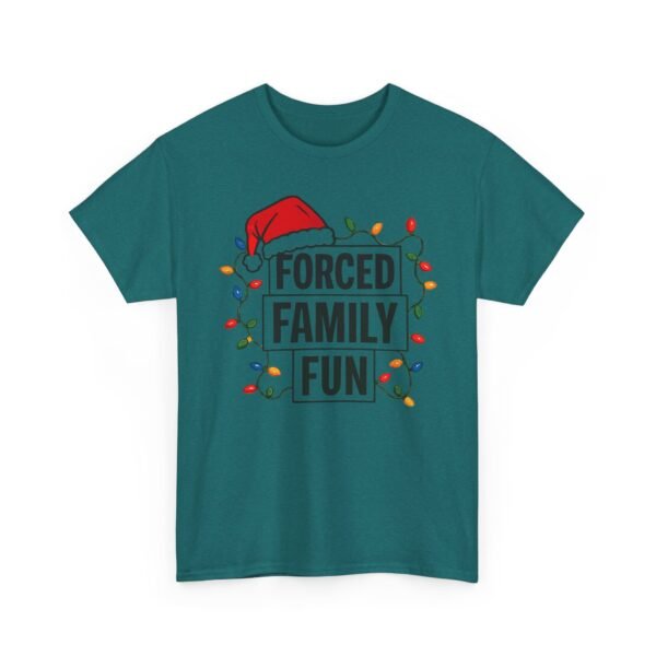 Unisex t-shirt from Twisted Angell with the sarcastic phrase “Forced Family Fun” printed on the front.