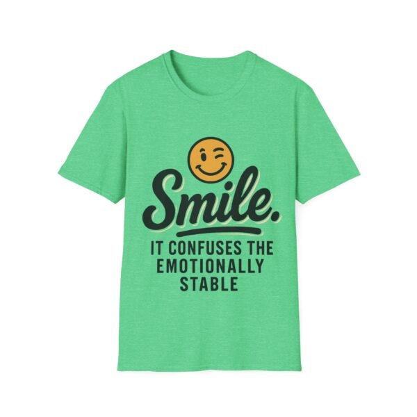 Unisex t-shirt from Twisted Angell with the sarcastic phrase “Smile. It confuses the emotionally stable” printed on the front.