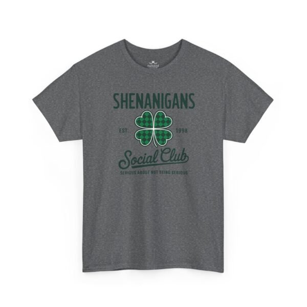 Shenanigans Social Club T‑Shirt — Plaid Shamrock St. Patrick’s Day Tee