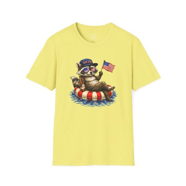 Patriotic Raccoon Pool Float T-Shirt — Cute 4th of July American Flag Tee