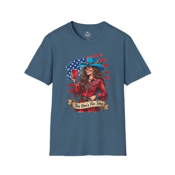 10741923766887582158_2048.jpeg Cowgirl Flag T-Shirt — "This One's For Toby" Patriotic Rodeo Tee