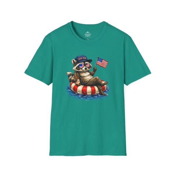 Patriotic Raccoon Pool Float T-Shirt — Cute 4th of July American Flag Tee
