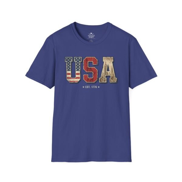 11502772080525485143_2048.jpeg USA Patriotic T-Shirt — Vintage Flag "EST. 1776" Graphic