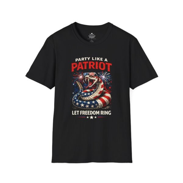 Patriotic Snake T-Shirt – "Party Like a Patriot, Let Freedom Ring" 4th of July Tee