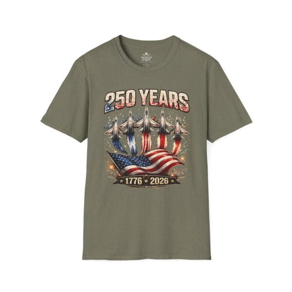 250 Years 1776-2026 Jet Fighter Flag T-Shirt — American Anniversary Patriotic Tee