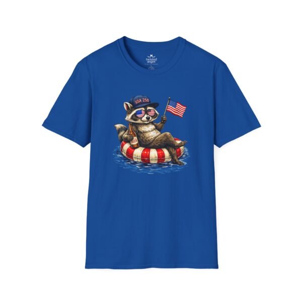 Patriotic Raccoon Pool Float T-Shirt — Cute 4th of July American Flag Tee