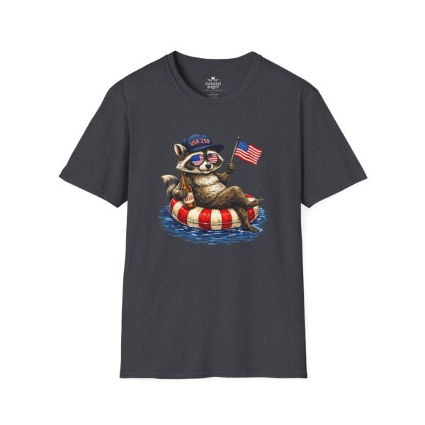 Patriotic Raccoon Pool Float T-Shirt — Cute 4th of July American Flag Tee