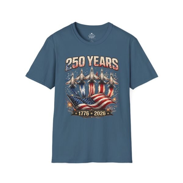 250 Years 1776-2026 Jet Fighter Flag T-Shirt — American Anniversary Patriotic Tee
