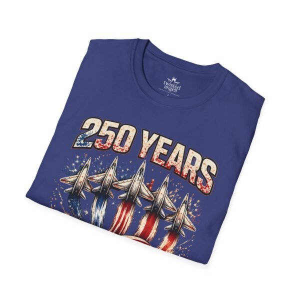 250 Years 1776-2026 Jet Fighter Flag T-Shirt — American Anniversary Patriotic Tee