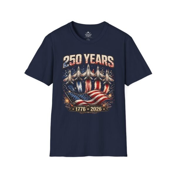 250 Years 1776-2026 Jet Fighter Flag T-Shirt — American Anniversary Patriotic Tee