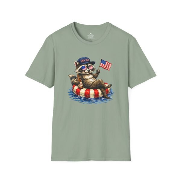 Patriotic Raccoon Pool Float T-Shirt — Cute 4th of July American Flag Tee