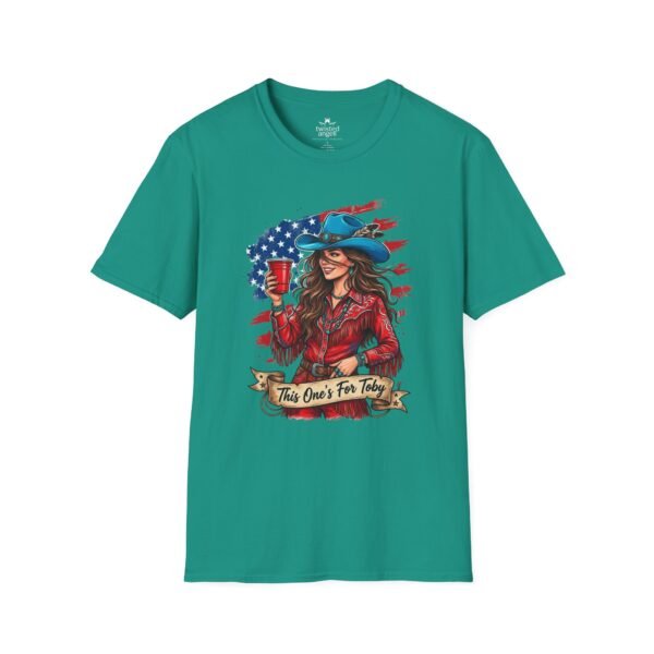 14774580008716053604_2048.jpeg Cowgirl Flag T-Shirt — "This One's For Toby" Patriotic Rodeo Tee