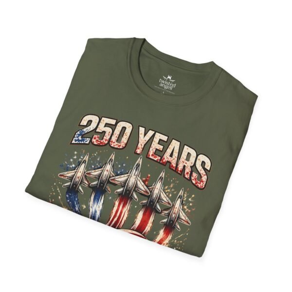 250 Years 1776-2026 Jet Fighter Flag T-Shirt — American Anniversary Patriotic Tee