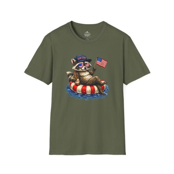 Patriotic Raccoon Pool Float T-Shirt — Cute 4th of July American Flag Tee