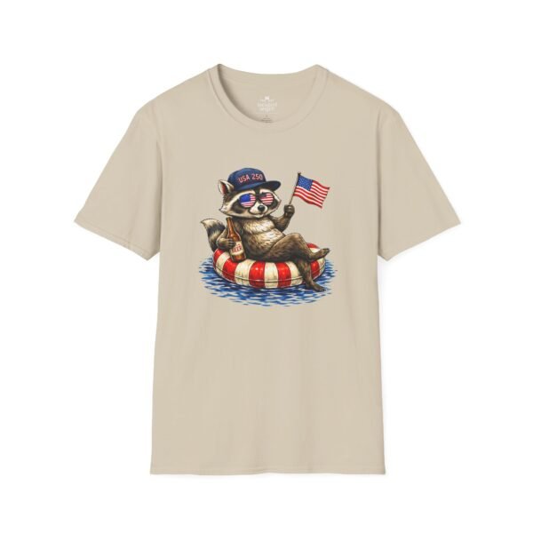 Patriotic Raccoon Pool Float T-Shirt — Cute 4th of July American Flag Tee