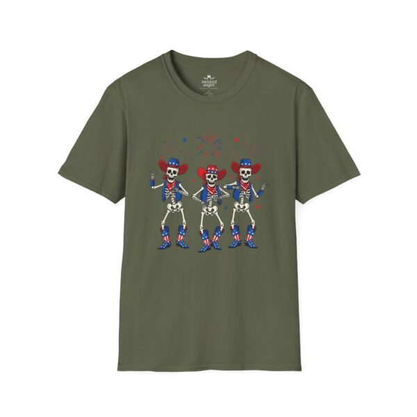 15370854989656826168_2048.jpeg Skeleton Trio Fireworks T-Shirt — Patriotic Cowboy Dance Tee