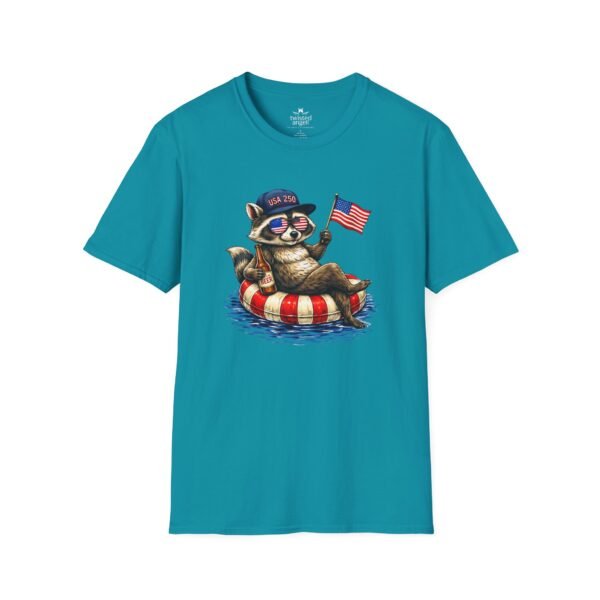 Patriotic Raccoon Pool Float T-Shirt — Cute 4th of July American Flag Tee