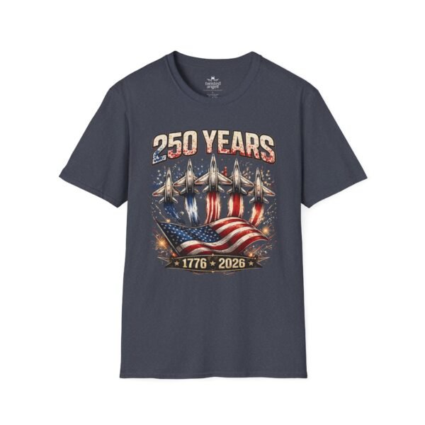 250 Years 1776-2026 Jet Fighter Flag T-Shirt — American Anniversary Patriotic Tee