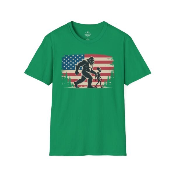 16668367779734187789_2048-1.jpeg Bigfoot ET American Flag T-Shirt — Sasquatch Silhouette Patriotic Tee