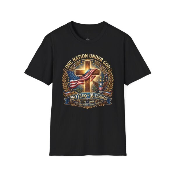 16692693247110175490_2048.jpeg Patriotic Cross T-Shirt – "One Nation Under God" 250 Years Blessings USA Flag Design