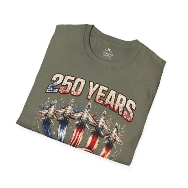 250 Years 1776-2026 Jet Fighter Flag T-Shirt — American Anniversary Patriotic Tee