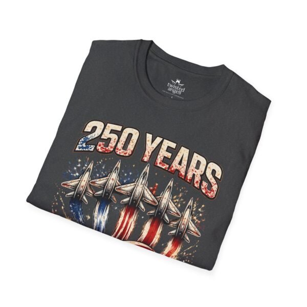 250 Years 1776-2026 Jet Fighter Flag T-Shirt — American Anniversary Patriotic Tee