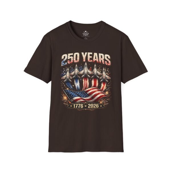 250 Years 1776-2026 Jet Fighter Flag T-Shirt — American Anniversary Patriotic Tee