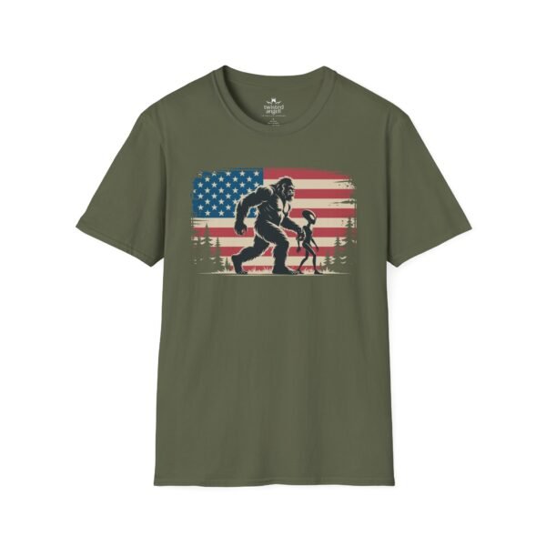 2380383758240655599_2048-1.jpeg Bigfoot ET American Flag T-Shirt — Sasquatch Silhouette Patriotic Tee