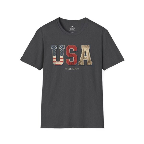 2438242773472169227_2048.jpeg USA Patriotic T-Shirt — Vintage Flag "EST. 1776" Graphic
