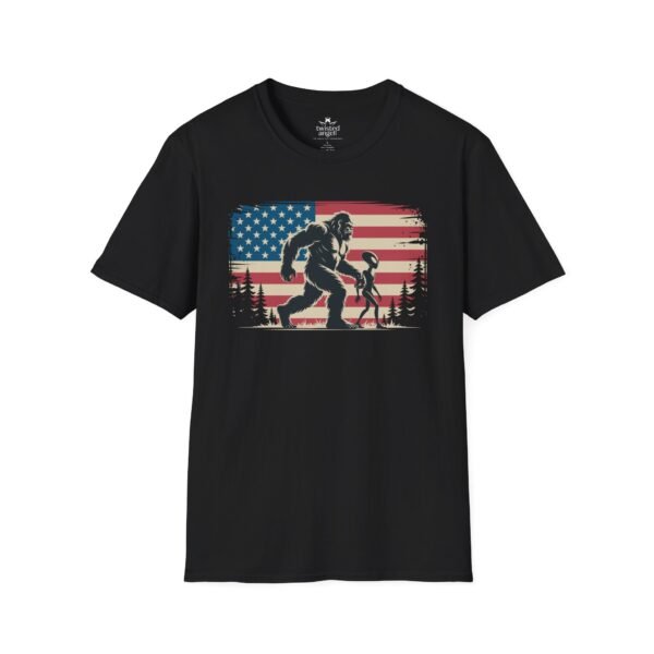 2838208011837643190_2048-1.jpeg Bigfoot ET American Flag T-Shirt — Sasquatch Silhouette Patriotic Tee